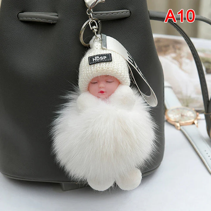 Women's Cute Pompom Sleeping Baby Plush Keychain Bag Charm-The Yellow Prime