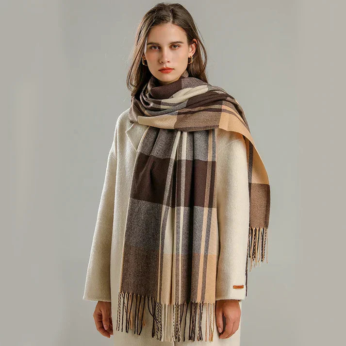 Women's Oversized Check Scarf - Soft Wool with Fringed Edges-The Yellow Prime