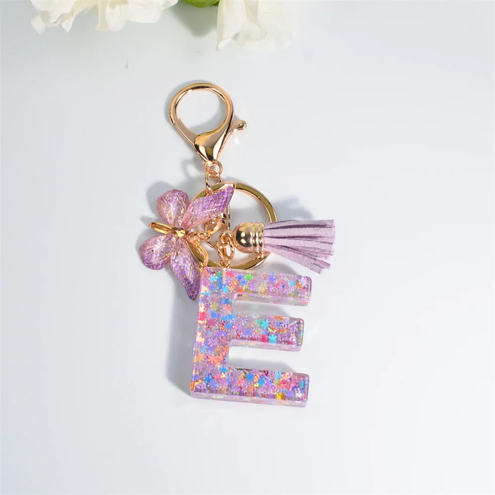 Women's Sequin Letter Keychain with Butterfly Tassel Charm-The Yellow Prime