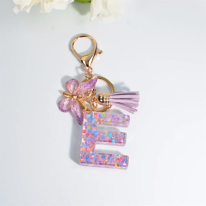 Women's Sequin Letter Keychain with Butterfly Tassel Charm-The Yellow Prime