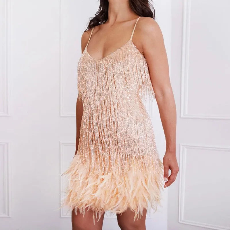 Sophia | Women's Cocktail Dress with Fringe Feathers-The Yellow Prime