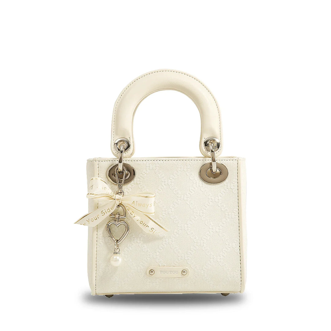 Women's Jacquard Bow Handbag with Pearl Accents