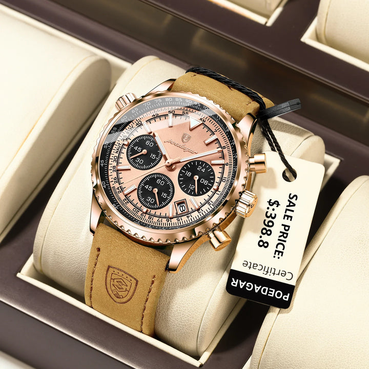Men's Waterproof Luminous Quartz Chronograph Watch with Date Leather Band-The Yellow Prime