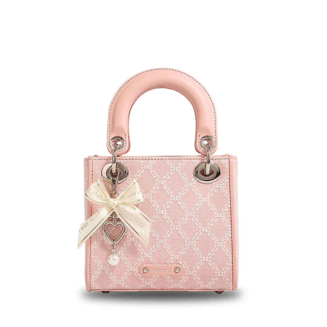 Women's Jacquard Bow Handbag with Pearl Accents
