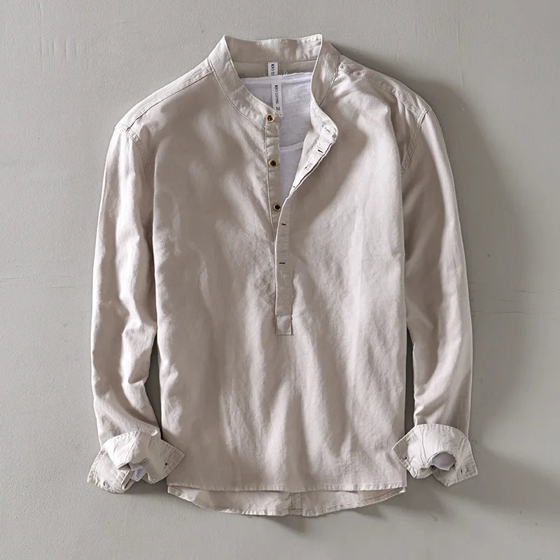 Men's Linen Mandarin Collar Shirt-The Yellow Prime