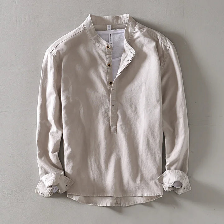 Men's Linen Mandarin Collar Shirt-The Yellow Prime