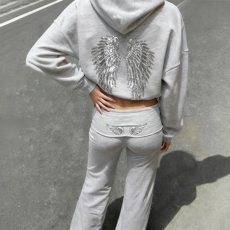 Women's Casual Vintage Wing Print Hoodie and Trousers Set-The Yellow Prime