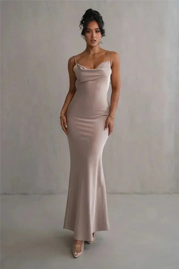Xenia | Women's Elegant Sleeveless Satin Maxi Dress with Floral Appliqués-The Yellow Prime