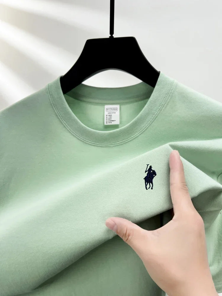 Men's Cotton Short Sleeve Round Neck T-Shirt with Pony Embroidery-The Yellow Prime