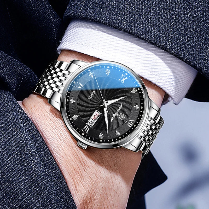 Men's Stainless Steel Luminous Quartz Wristwatch with Date and Week-The Yellow Prime
