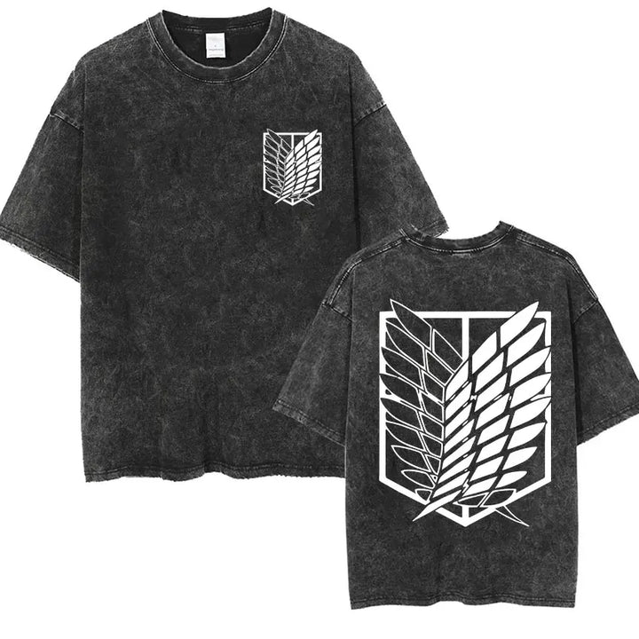 Men's Vintage Washed Anime Print T-shirt with Wings of Freedom Design-The Yellow Prime