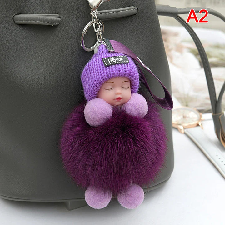 Women's Cute Pompom Sleeping Baby Plush Keychain Bag Charm-The Yellow Prime