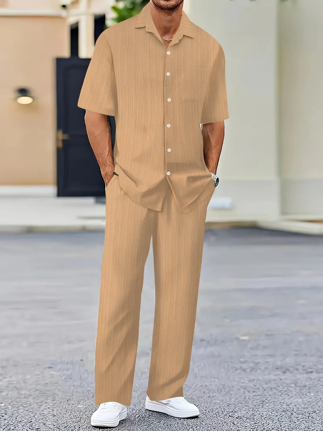 Men's Lightweight Linen Shirt and Pants Set, Striped Design, Relaxed Fit-The Yellow Prime