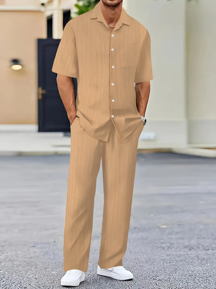 Men's Lightweight Linen Shirt and Pants Set, Striped Design, Relaxed Fit-The Yellow Prime
