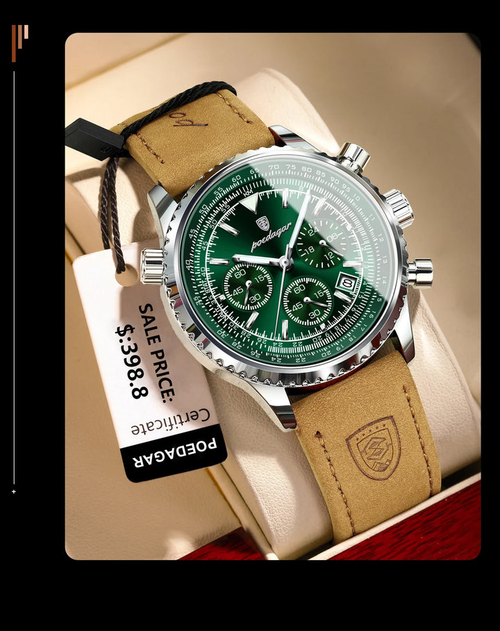 Men's Waterproof Luminous Quartz Chronograph Watch with Date Leather Band-The Yellow Prime