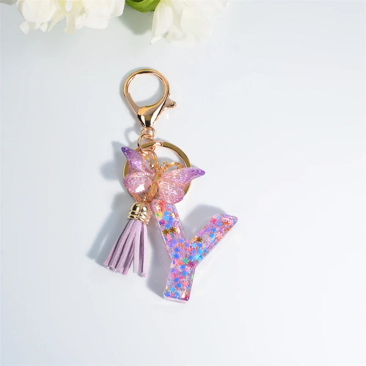 Women's Sequin Letter Keychain with Butterfly Tassel Charm-The Yellow Prime
