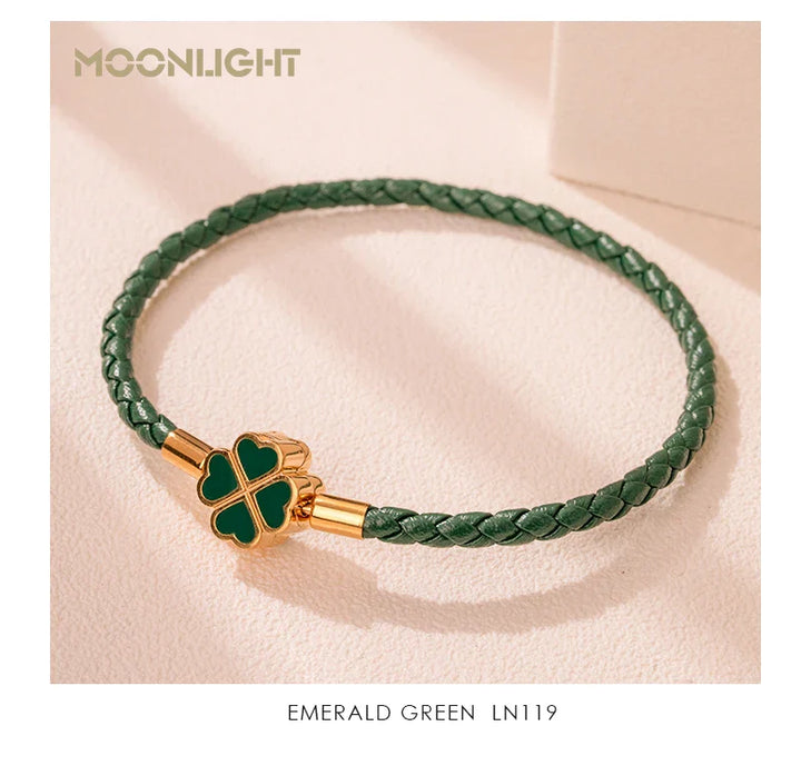 Women's Braided Leather Lucky Bracelet with Four Leaf Clover-The Yellow Prime