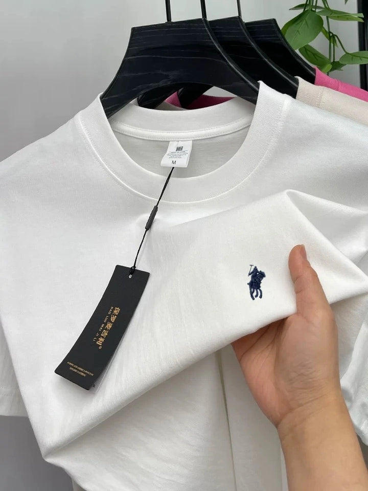 Men's Cotton Short Sleeve Round Neck T-Shirt with Pony Embroidery-The Yellow Prime