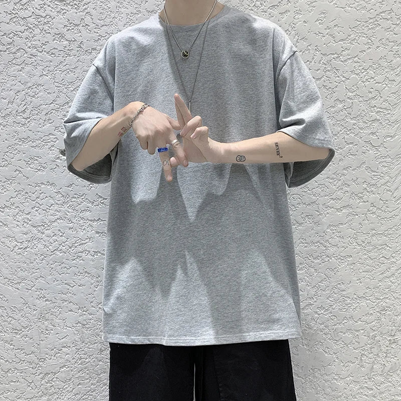 Men's Oversized Summer Short Sleeve Cotton T-Shirt in Solid Colors-The Yellow Prime