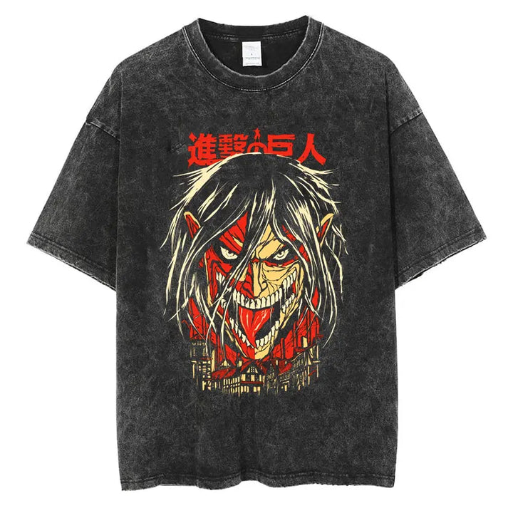 Men's Vintage Washed Anime Print T-shirt with Wings of Freedom Design-The Yellow Prime