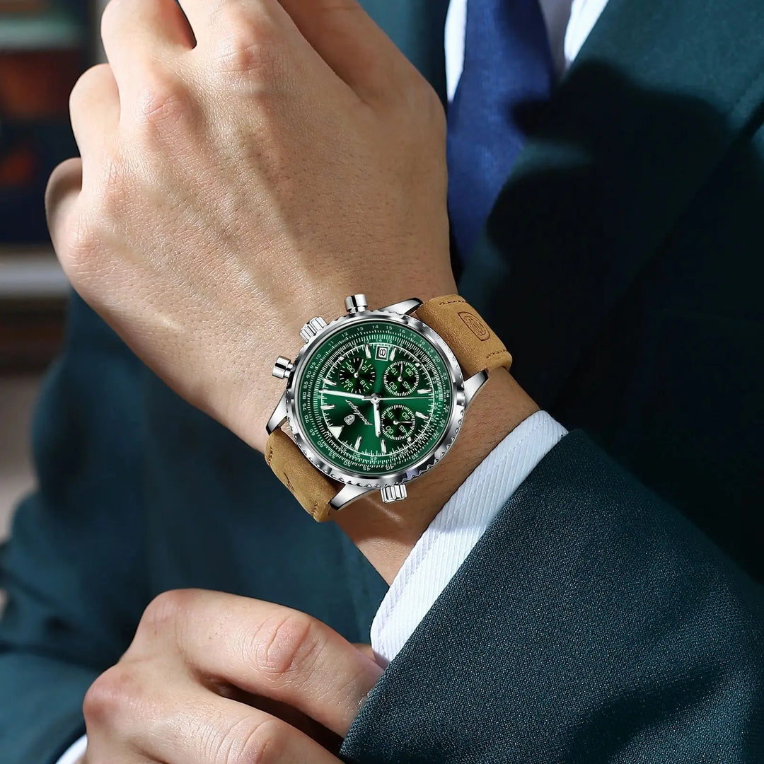 Men's Waterproof Luminous Quartz Chronograph Watch with Date Leather Band-The Yellow Prime