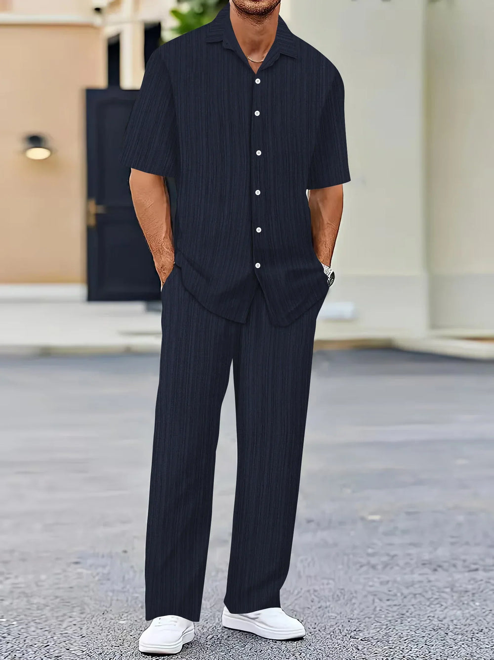 Men's Lightweight Linen Shirt and Pants Set, Striped Design, Relaxed Fit-The Yellow Prime