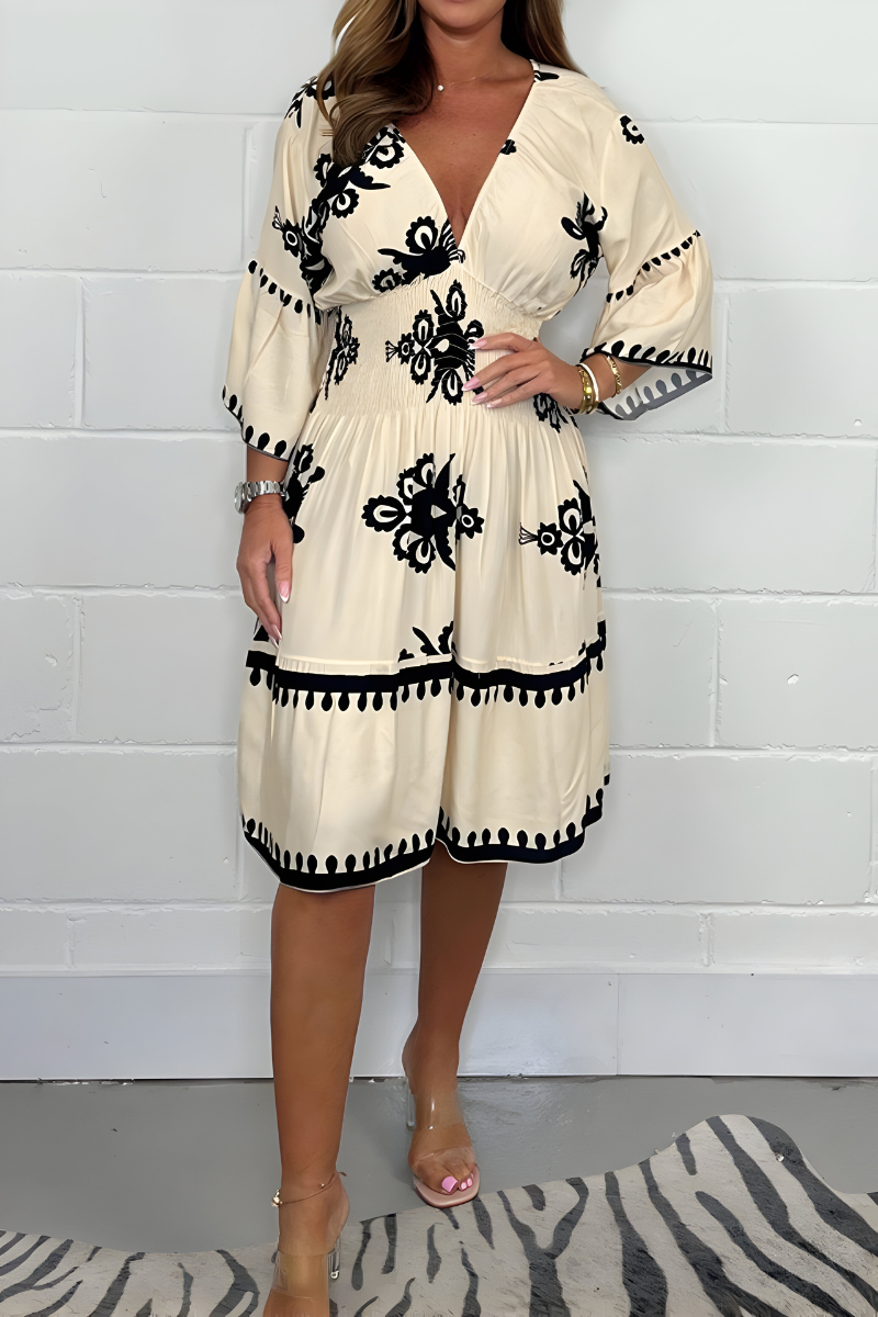Sophia | Elegant V-Neck Patterned Dress – Ideal for Any Occasion-The Yellow Prime