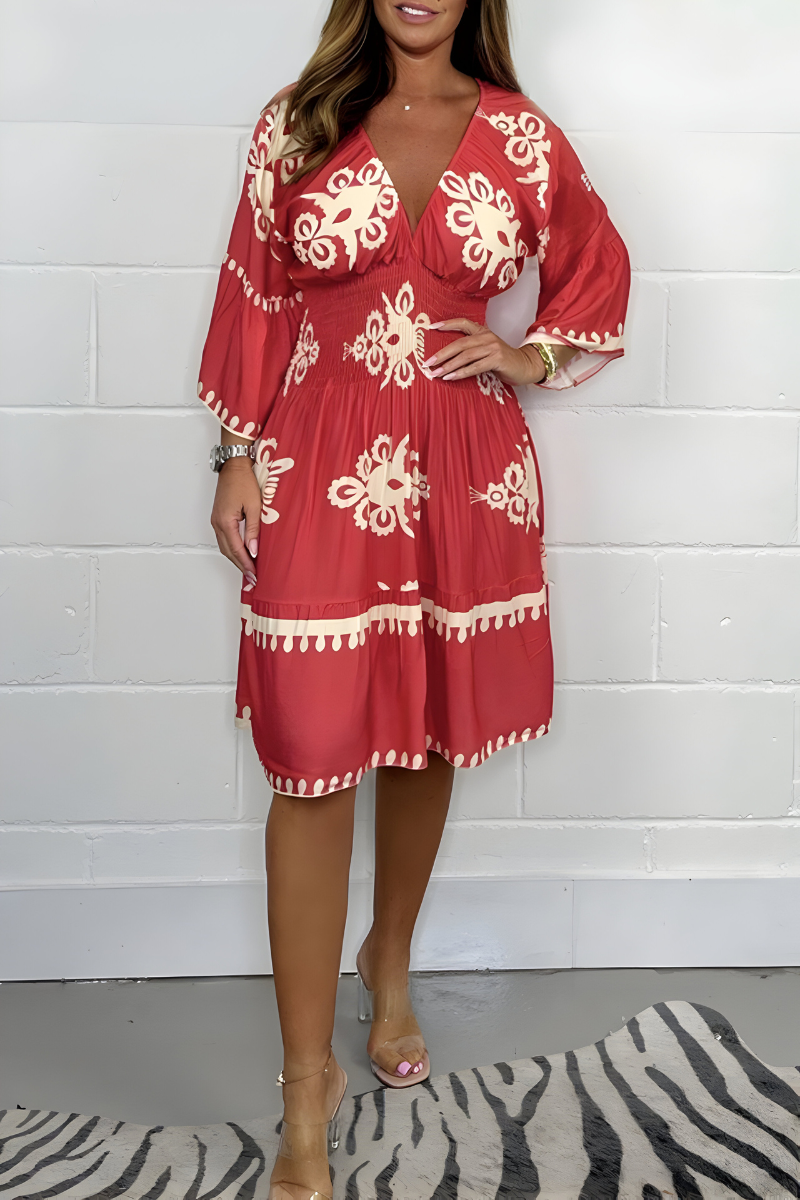 Sophia | Elegant V-Neck Patterned Dress – Ideal for Any Occasion-The Yellow Prime