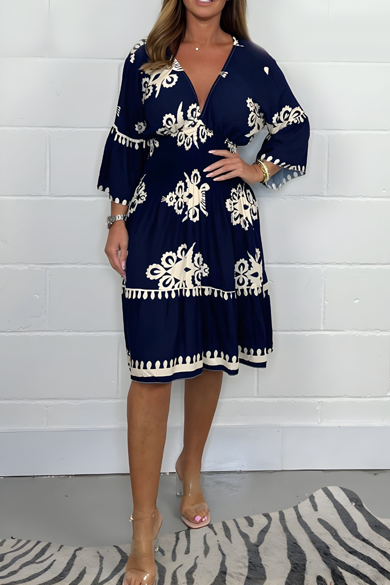 Sophia | Elegant V-Neck Patterned Dress – Ideal for Any Occasion-The Yellow Prime