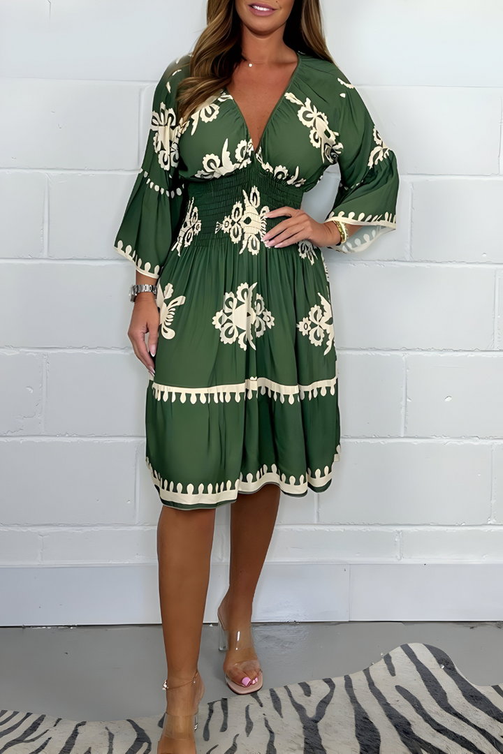 Sophia | Elegant V-Neck Patterned Dress – Ideal for Any Occasion-The Yellow Prime