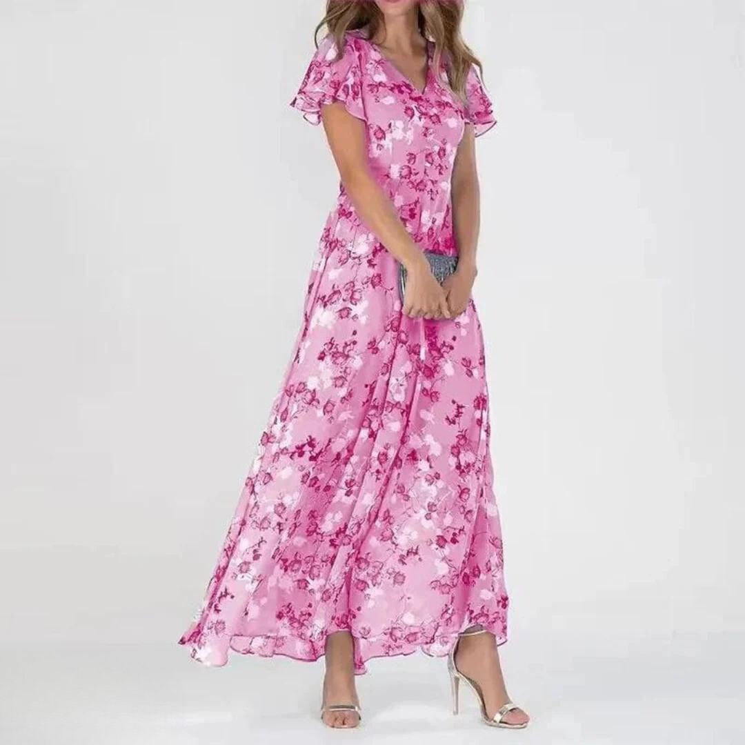 Sophia | Women's Chiffon Maxi Dress, V-Neck, Floral Pattern, Elegant & Airy-The Yellow Prime