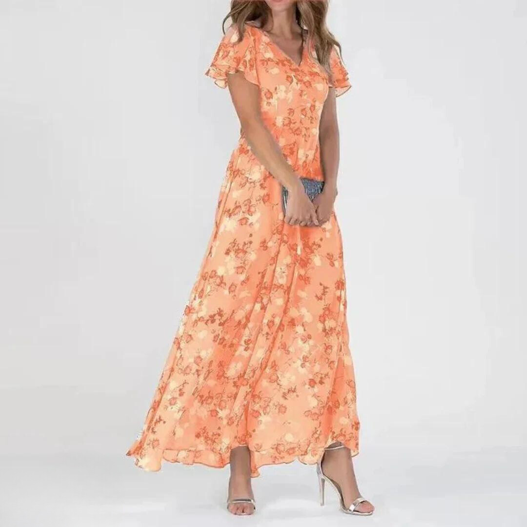 Sophia | Women's Chiffon Maxi Dress, V-Neck, Floral Pattern, Elegant & Airy-The Yellow Prime