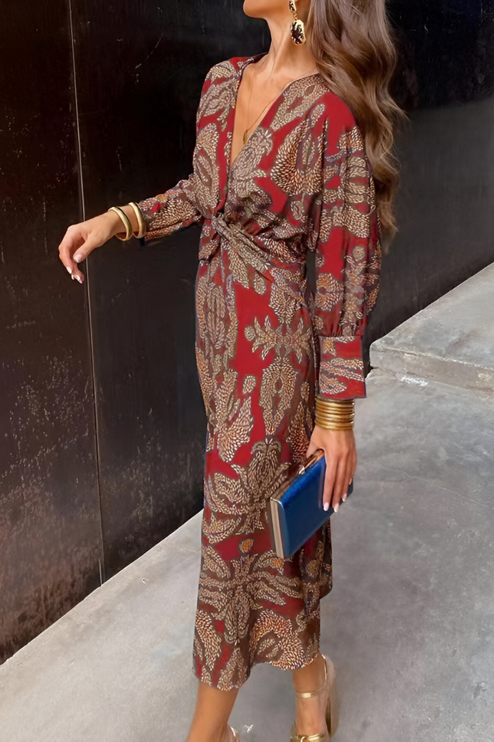 Sophia | Women's Elegant Midi Dress with Twist Detail and Floral Pattern-The Yellow Prime
