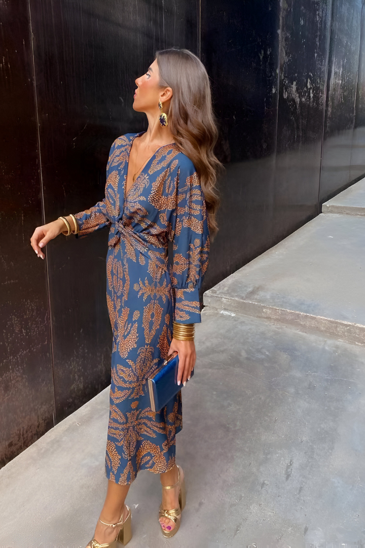 Sophia | Women's Elegant Midi Dress with Twist Detail and Floral Pattern-The Yellow Prime