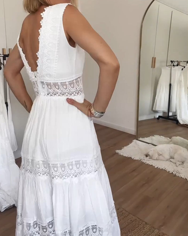 Sophia | Women's Elegant Midi Summer Dress with Lace V-Neck - Airy and Feminine-The Yellow Prime