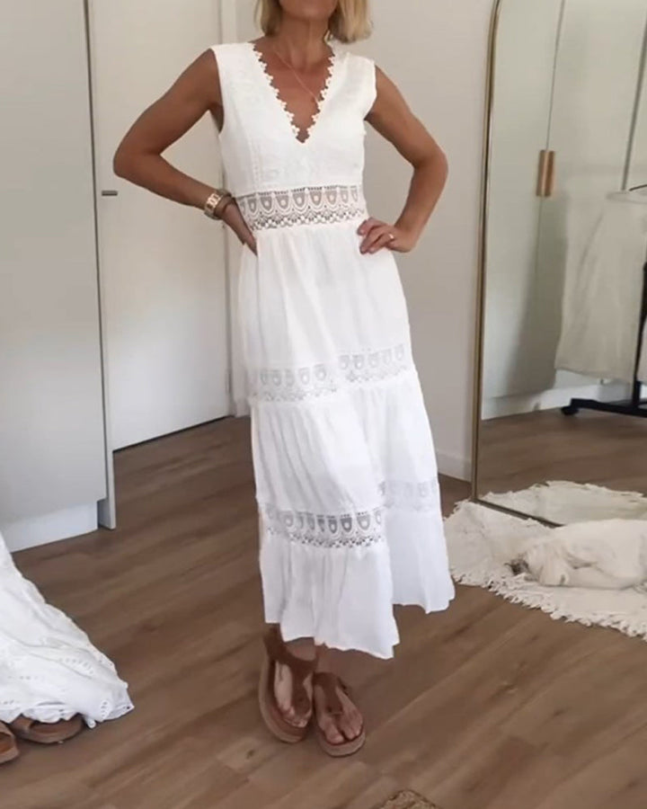 Sophia | Women's Elegant Midi Summer Dress with Lace V-Neck - Airy and Feminine-The Yellow Prime