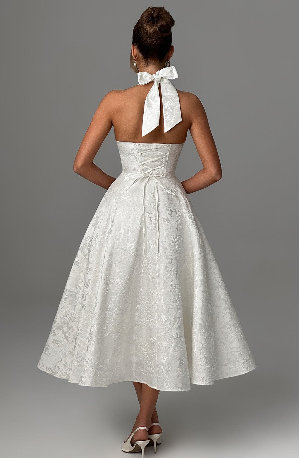 Sophia | Women's Halter Midi Wedding Guest Dress-The Yellow Prime