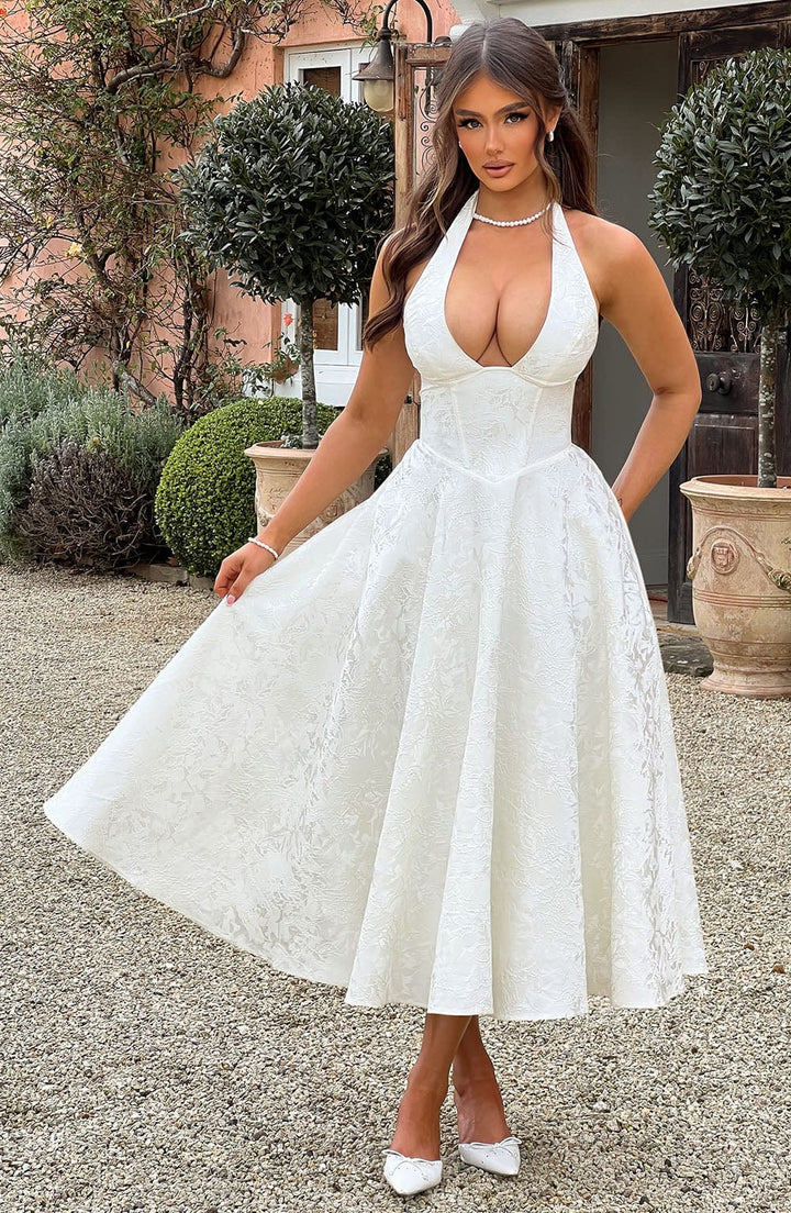 Sophia | Women's Halter Midi Wedding Guest Dress-The Yellow Prime