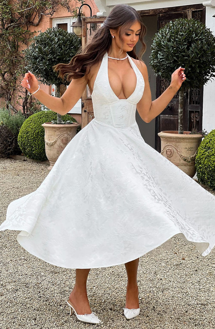 Sophia | Women's Halter Midi Wedding Guest Dress-The Yellow Prime