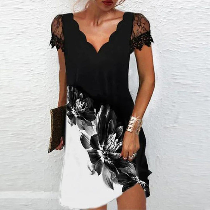 Sophia | Women's Lace Sleeve Scalloped Neck Dress-The Yellow Prime