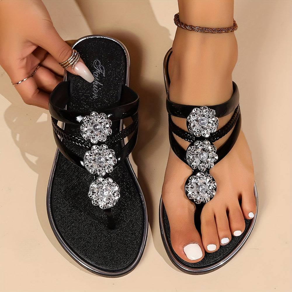 Sophia | Women's Rhinestone T-Strap Flat Sandals-The Yellow Prime