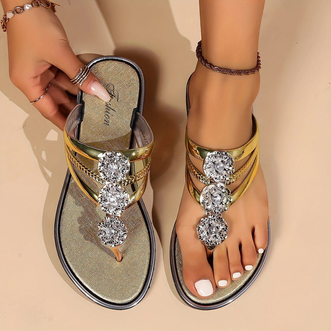 Sophia | Women's Rhinestone T-Strap Flat Sandals-The Yellow Prime