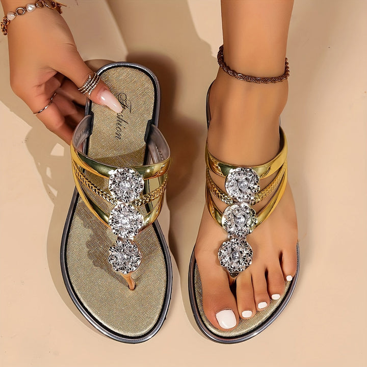 Sophia | Women's Rhinestone T-Strap Flat Sandals-The Yellow Prime