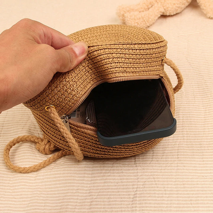 Sophia | Women's Stylish Round Hand-Woven Shoulder Bag with Zipper-The Yellow Prime