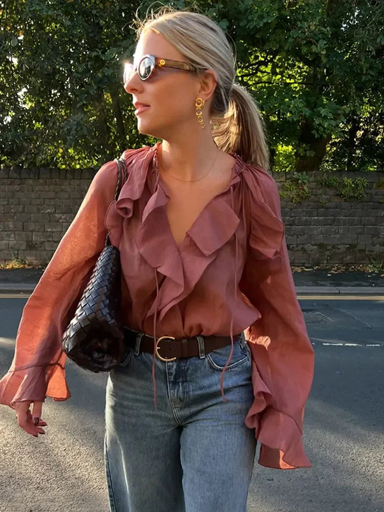 Sophia | Women's Transparent Ruffle Blouse, Brown - Elegant & Feminine Design-The Yellow Prime