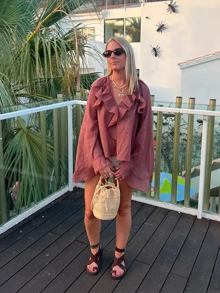 Sophia | Women's Transparent Ruffle Blouse, Brown - Elegant & Feminine Design-The Yellow Prime