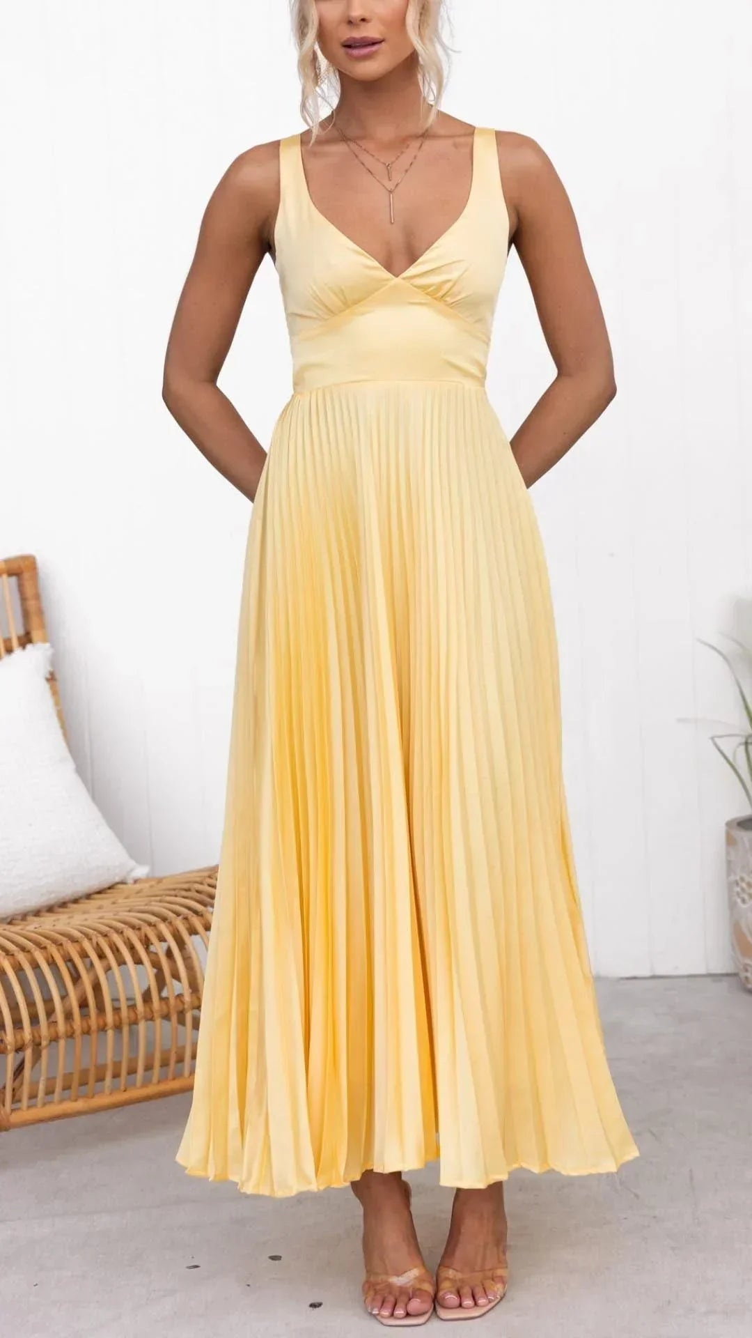 Sophia | Women's V-Neck Pleated Maxi Dress-The Yellow Prime