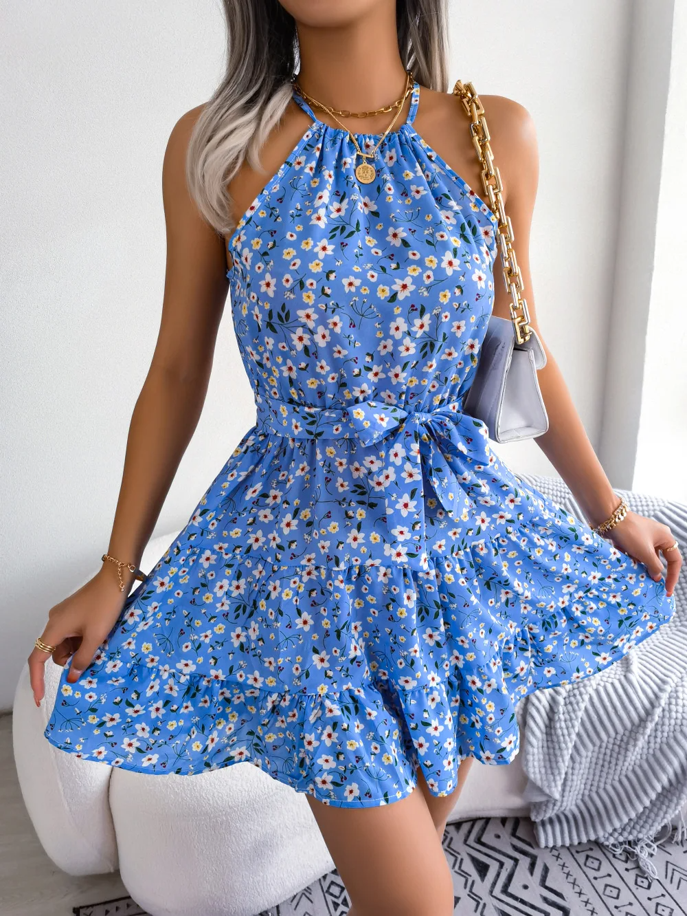 Fiona | Women's Halter Floral Summer Dress-The Yellow Prime