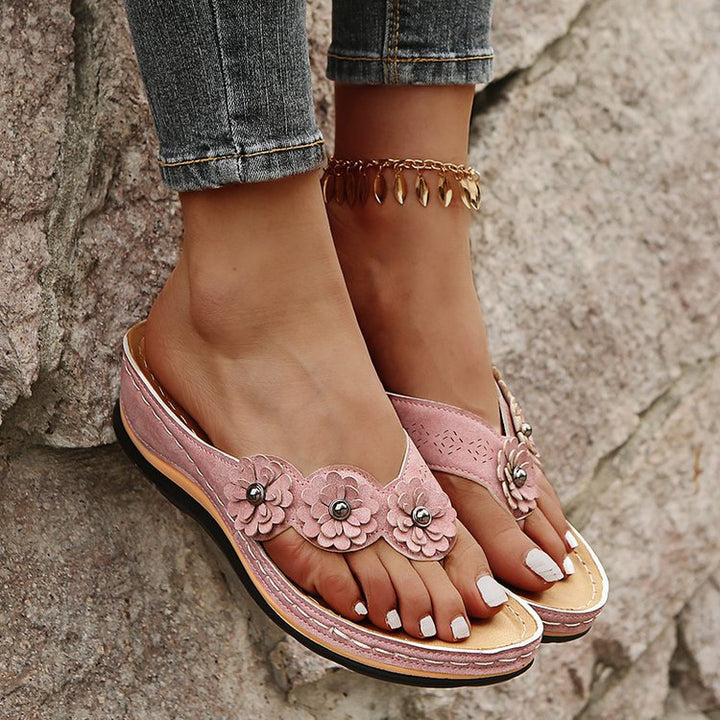 Women's Suede Wedge Sandals with Flower Accents for Comfort