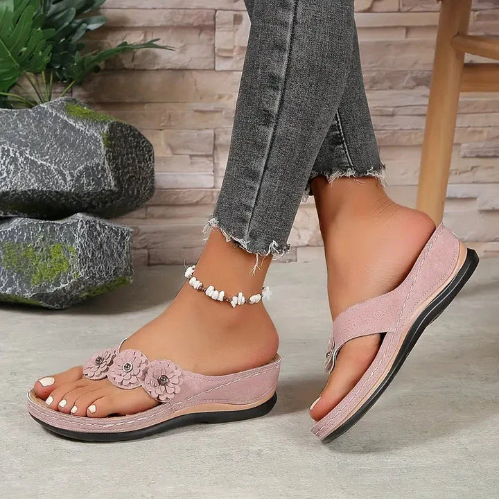 Women's Suede Wedge Sandals with Flower Accents for Comfort